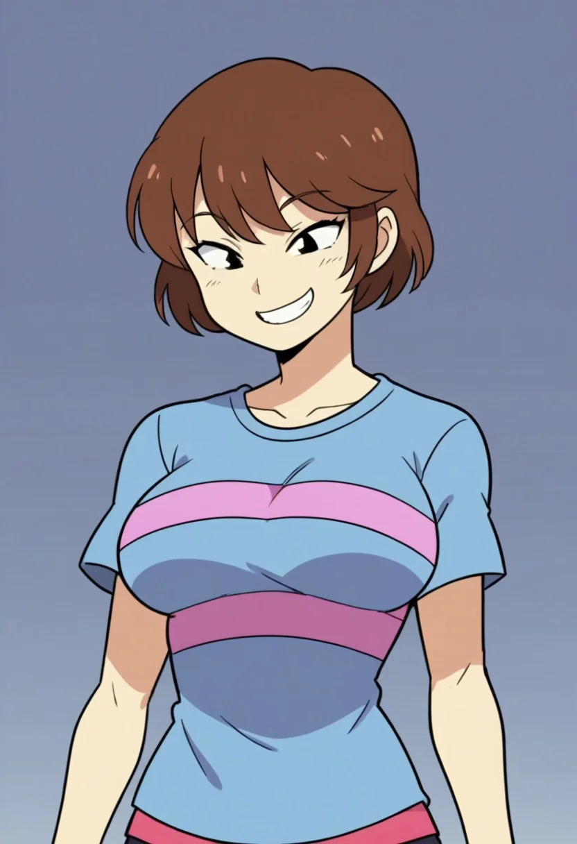 score_9, score_8_up, score_7_up, source_anime, anime screencap, frisk (dezz), brown hair, short hair, black eyes, large breasts, 1girl, solo, striped, shirt, smile, flat color,