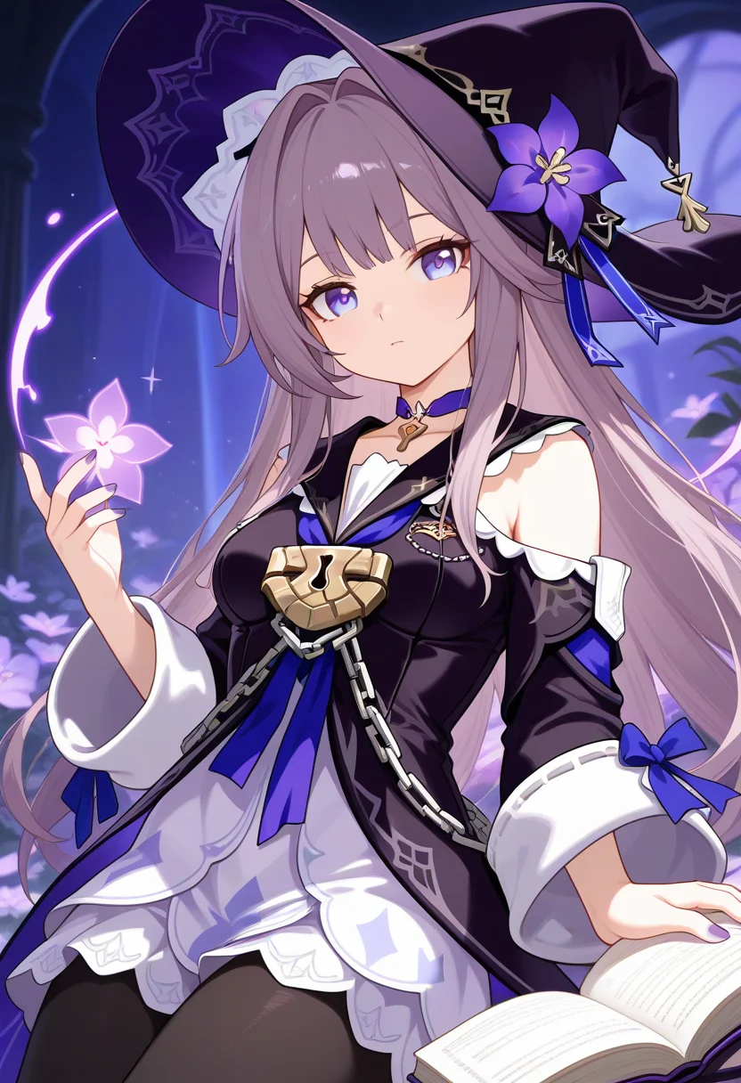 1girl, the herta \(honkai: star rail\), purple nails, purple hat, medium breasts, purple hair, purple eyes, purple flower, black pantyhose, hat flower, open book, looking at viewer, purple dress, upper body, masterpiece, long hair, detached sleeves, witch hat, x hair ornament, solo,
,masterpiece,best quality,amazing quality,