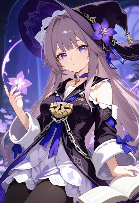 1girl, the herta \(honkai: star rail\), purple nails, purple hat, medium breasts, purple hair, purple eyes, purple flower, black pantyhose, hat flower, open book, looking at viewer, purple dress, upper body, masterpiece, long hair, detached sleeves, witch hat, x hair ornament, solo,
,masterpiece,best quality,amazing quality,