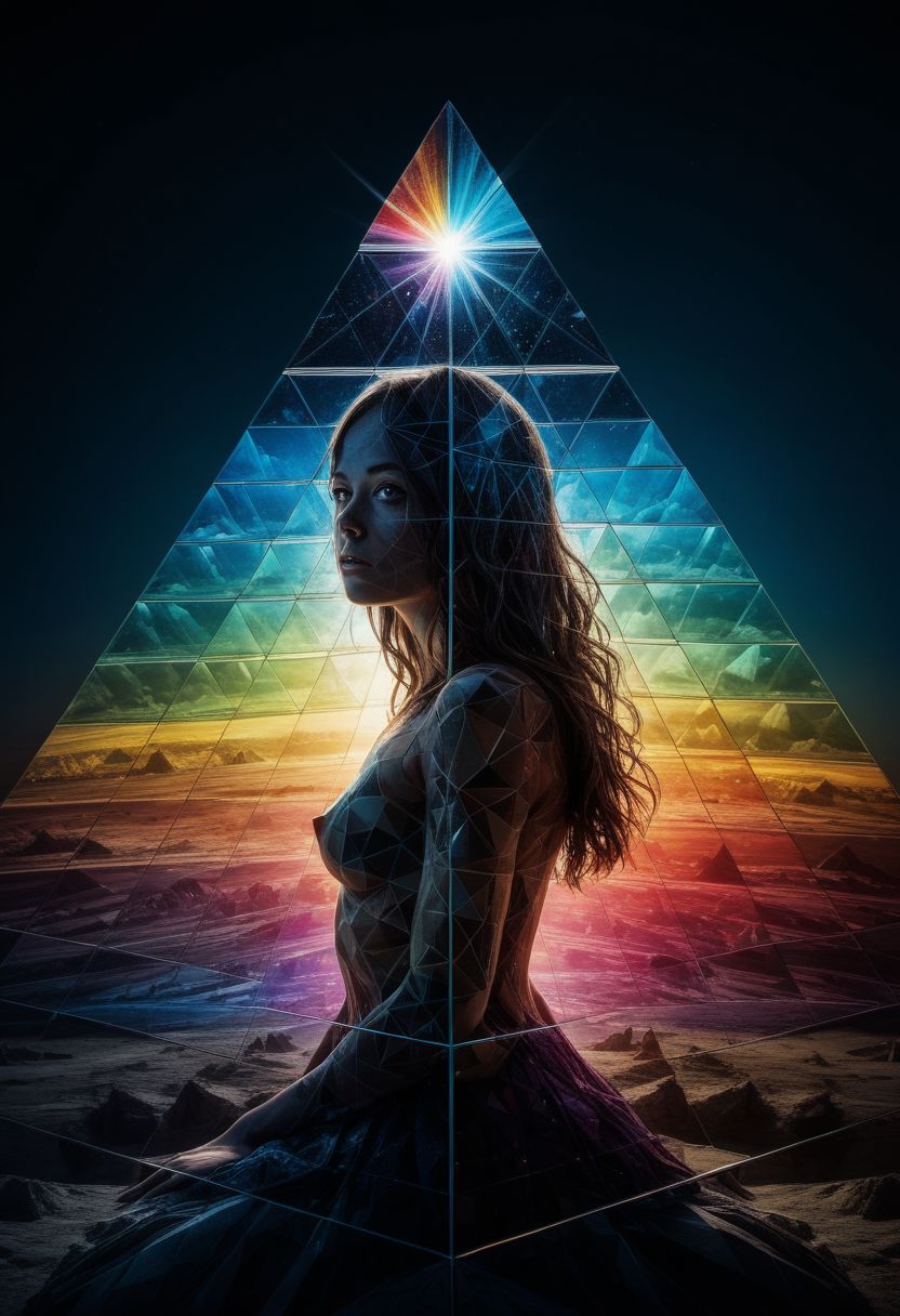 Album cover, mysterious silhouette woman, (light rays, shining on glas pyramid prism, splitting in rainbow colours, dark side of the moon), goddess, alluring, by Minjae Lee, Carne Griffiths, Emily Kell, Steve McCurry, Geoffroy Thoorens, Aaron Horkey, Jordan Grimmer, Greg Rutkowski, amazing depth, double exposure, surreal, geometric patterns, intricately detailed, bokeh,  perfect balanced, deep fine borders, artistic photorealism , smooth,  great masterwork by head of prompt engineering   <lora:add-detail-xl:2>  <lora:Double_Exposure:0.5>