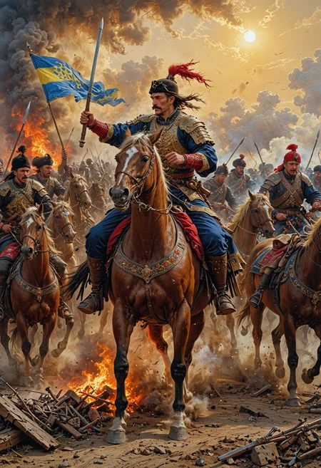 Ukrainian Cossacks in 1651, oil on canvas, a vivid depiction of a chaotic battlefield amidst the Khmelnytsky Uprising, with mounted horsemen in traditional attire, adorned with golden accoutrements, clashing swords and brandishing pistols, set against a warm, golden sky with billowing smoke and clouds, the palette dominated by rich earth tones, with pops of crimson and ultramarine, intricate details of ornate saddles and armor, evoking a sense of turbulent grandeur, as if the viewer is transported to the heart of 17th-century Eastern Europe. <lora:EpicF4nta5yXL:0.8>