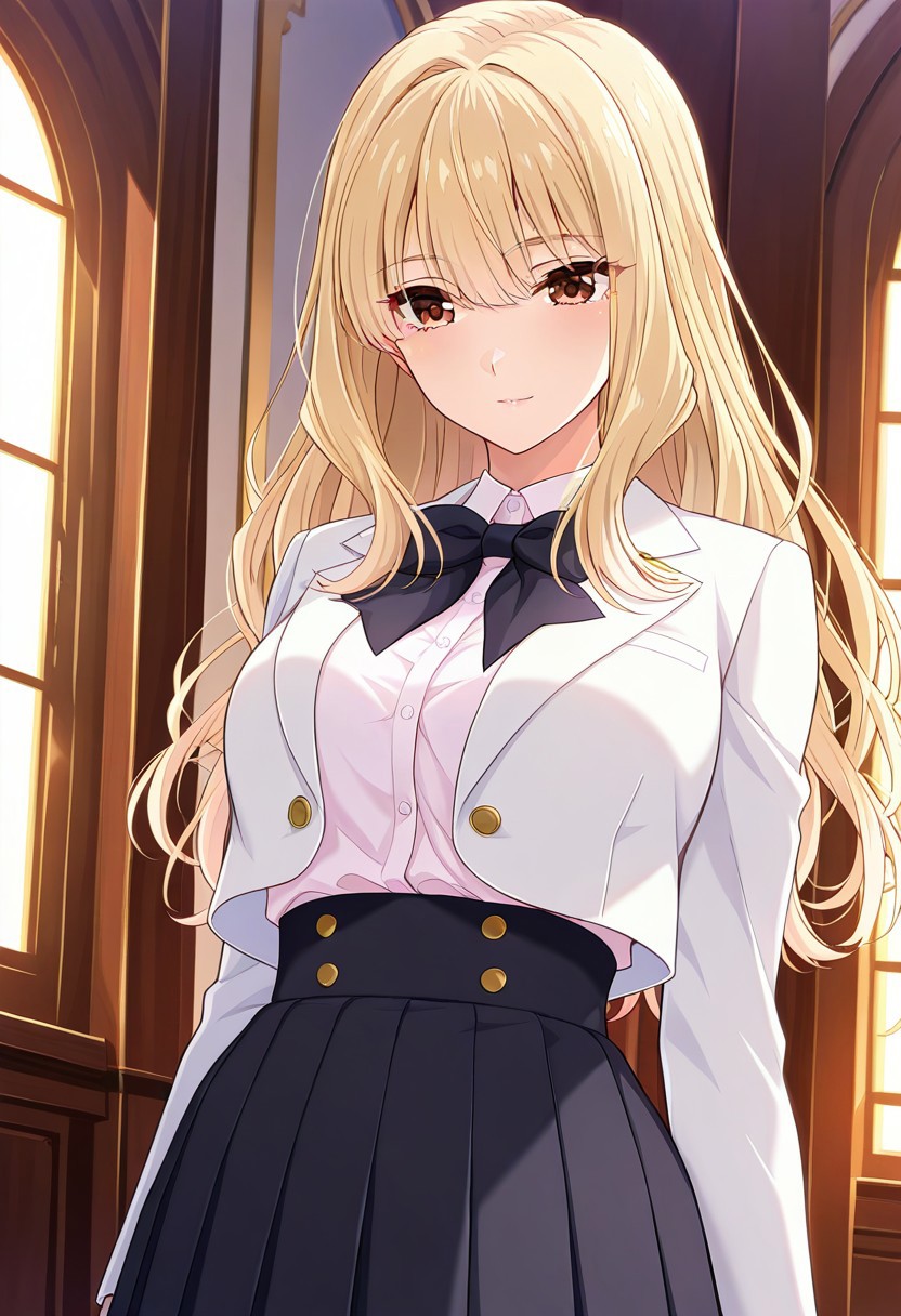 absurdres, best quality, masterpiece, amazing quality, highres, newest, detailed, source anime, anime coloring, beautiful, indoors, mansion,
BREAK
1girl, solo, standing, KijHyou, brown eyes, blonde hair, long hair, wavy hair, light smile, 
White jacket, white inner shirt, black skirt, pleated skirt, black bowtie