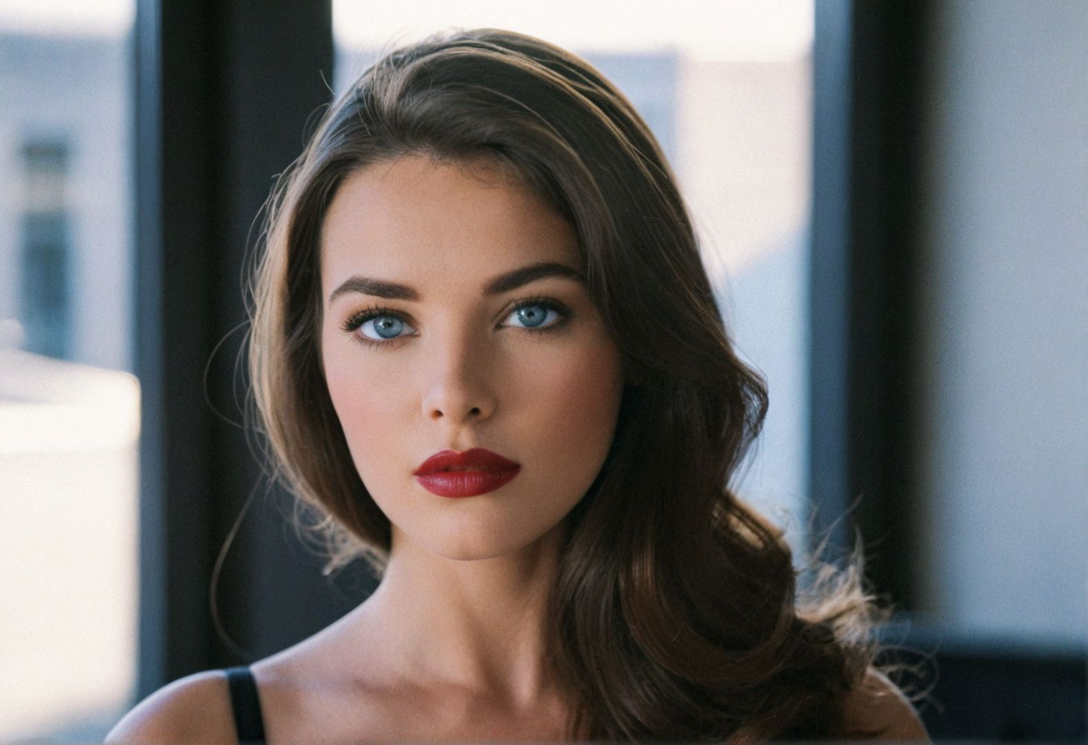 ((CinematicPortrait analog photo)) brunette woman indoors, lipstick, blue eyes, glossy dark lipstick, (window backlight), ((soft focus, depth of field, film grain, looking at viewer)) <lora:CinematicPortraitXL_v3:0.6>