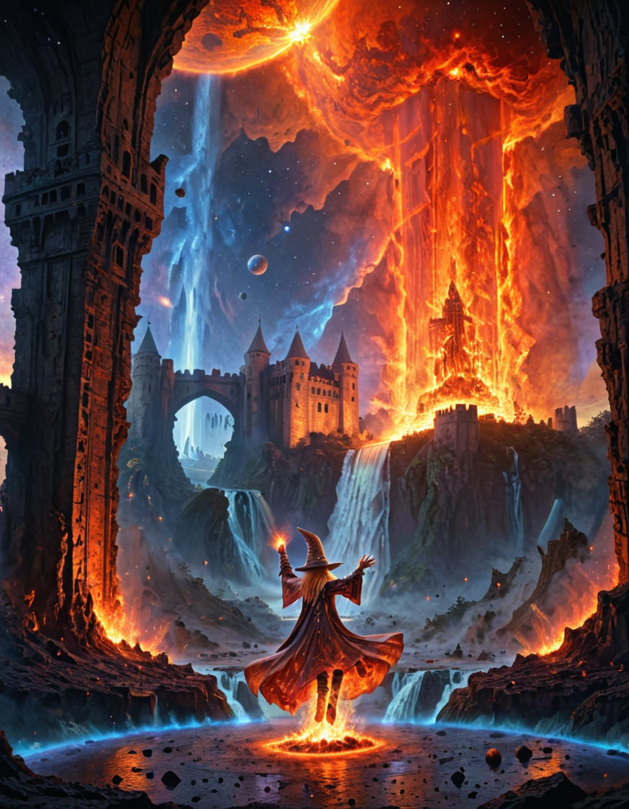 <lora:Medieval_Worlds_Specialxlb:1> mw01out, T0, space, planet, fire on planet, asteroids, fire nebula, castle, waterfall, T12, anime, anime style, wizard, dancing,