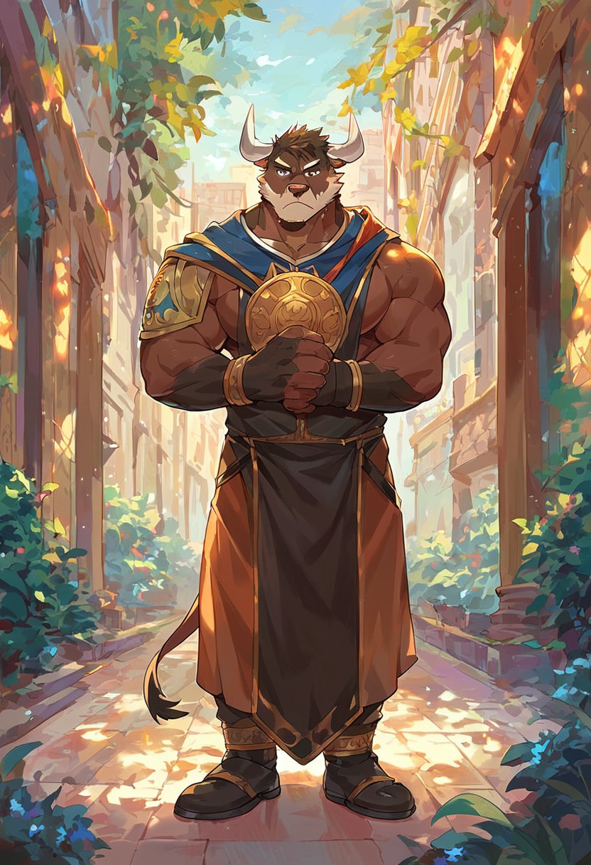 score_9, score_8_up, score_7_up, 1boy, bara, muscular, male focus, furry, anthro, bull, cleric's clothes, fantasy, mace and shield, full body, dynamic pose, courtyard, outside, day, looking at viewer, serious, frown, masterpiece, best quality, amazing quality, FurryHeroes