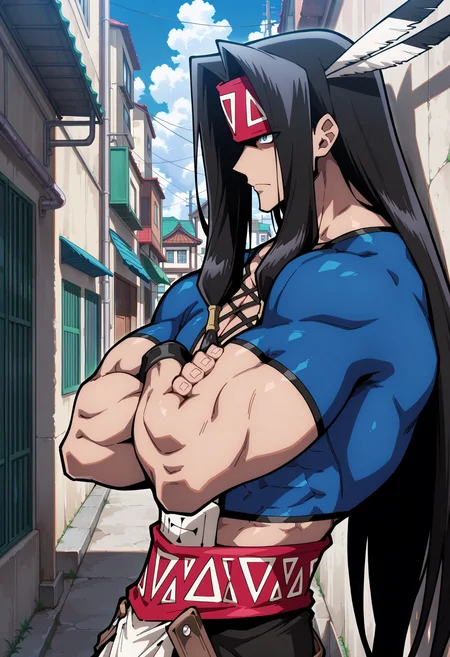 masterpiece, best quality, newest, absurdres, highres, very detailed,
muscular male, 
 day, rays of god, wide angle, alley, japanese town alley, leaning back, leaning against wall, from side, crossed arms, looking at viewer, facing away,<lora:[Char - IL] Shaman King - Silva (v1-E18):1> silva_sk21, black hair, blue eyes, very long hair, blue vest, skin tight, native american, red headband,