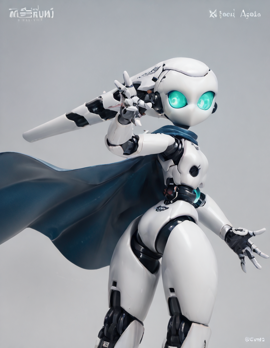 score_9, score_8_up, score_7_up, score_6_up, score_5_up, score_4_up, source_anime,  drosselvonflugel, solo, looking at viewer, standing, weapon, looking back, grey background, cape, aqua eyes, glowing, glowing eyes