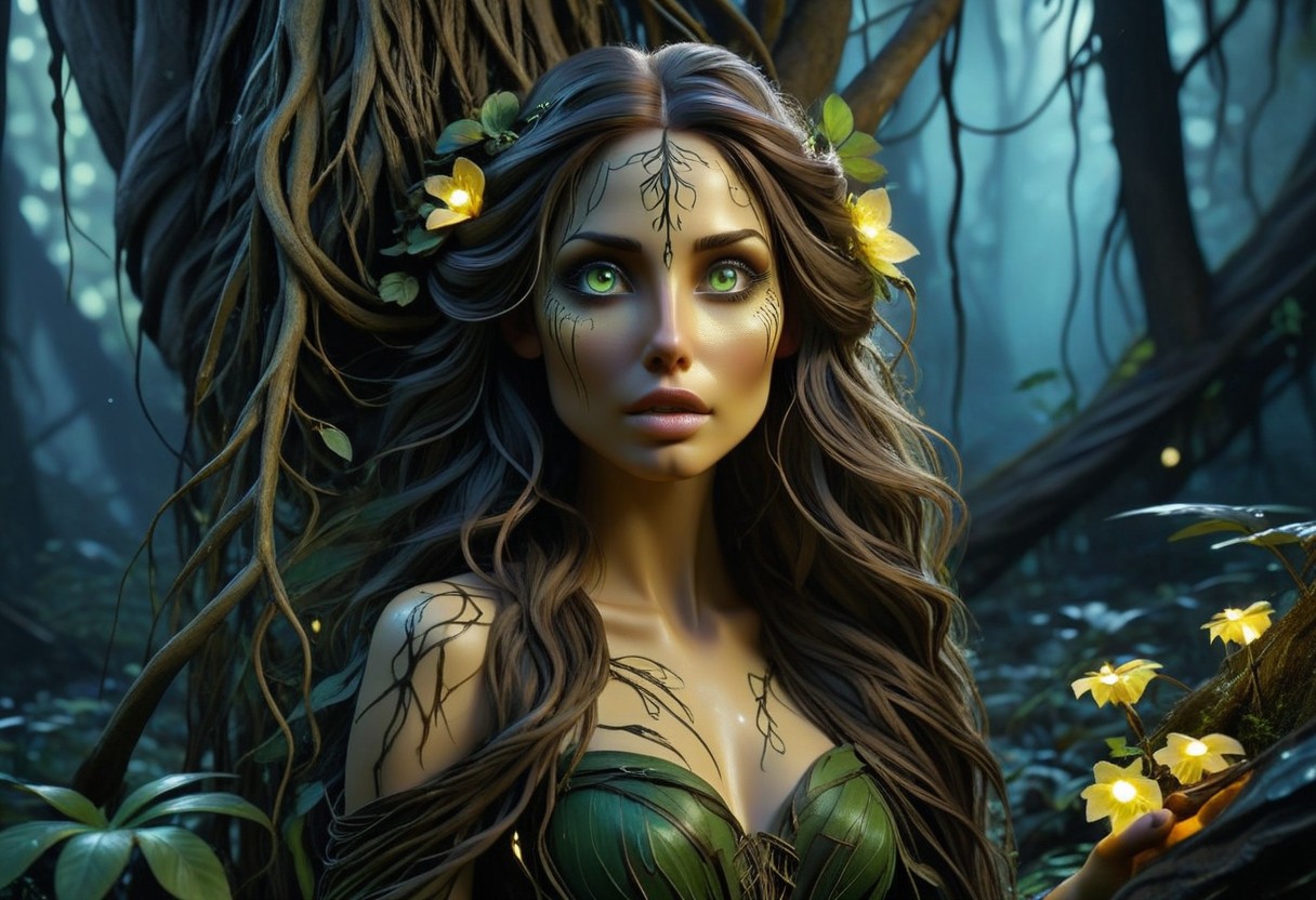 A picture of a beautiful Forest Nymph, her hair made of tree branches, long and hang down like the Weeping Willow, her skin resembles the texture of tree bark, she has Ivy vines to cover her Un-mentions, beautiful facial features, bright green almond shaped eyes, she is leaning her head  agents a dyeing tree, she is hugging the tree, starring at the camera, the Butter Tree yellow butter is dripping on the ground, peaking out of the forest is a Grim Reaper in the background, in the mid-ground is a dark bio-luminescent fairy forest with glowing mushrooms, Background concept for the movie “Avatar”, bioluminescent forest, alien planet, beautiful landscape, alien plants, Focused lights, whimsical fairytale, psychedelic trip, sharp focus on subject, 3D effect in the background, realizume,