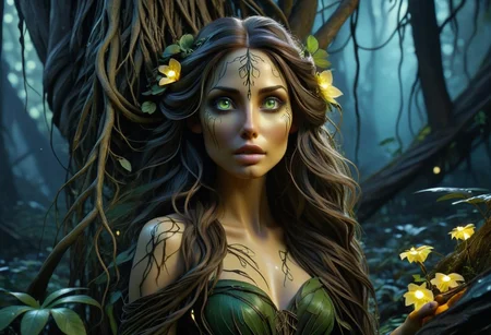 A picture of a beautiful Forest Nymph, her hair made of tree branches, long and hang down like the Weeping Willow, her skin resembles the texture of tree bark, she has Ivy vines to cover her Un-mentions, beautiful facial features, bright green almond shaped eyes, she is leaning her head  agents a dyeing tree, she is hugging the tree, starring at the camera, the Butter Tree yellow butter is dripping on the ground, peaking out of the forest is a Grim Reaper in the background, in the mid-ground is a dark bio-luminescent fairy forest with glowing mushrooms, Background concept for the movie “Avatar”, bioluminescent forest, alien planet, beautiful landscape, alien plants, Focused lights, whimsical fairytale, psychedelic trip, sharp focus on subject, 3D effect in the background, realizume,