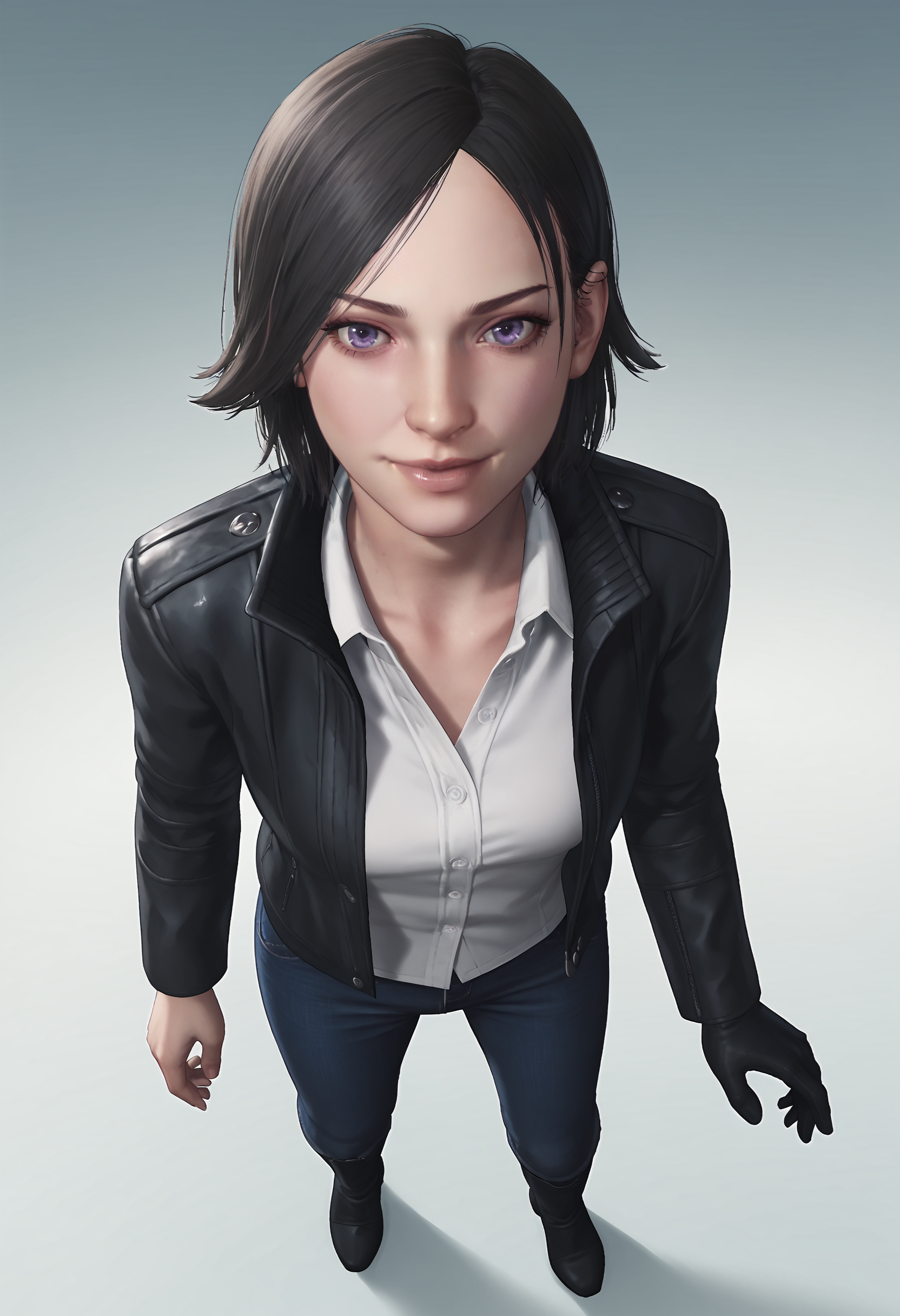 score_9, score_8_up, score_7_up, score_6_up, score_5_up, score_4_up, 1girl, <lora:JuliKidman:0.8> solo, short hair, black hair, violet eyes, lips, jacket, leather jacket, shirt, white shirt, denim, pants, boots, glove, single glove, full body, standing, from above, smile, looking at viewer, 
(light blue background), simple background,