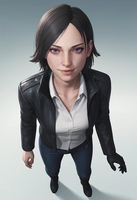 score_9, score_8_up, score_7_up, score_6_up, score_5_up, score_4_up, 1girl, <lora:JuliKidman:0.8> solo, short hair, black hair, violet eyes, lips, jacket, leather jacket, shirt, white shirt, denim, pants, boots, glove, single glove, full body, standing, from above, smile, looking at viewer,
(light blue background), simple background,