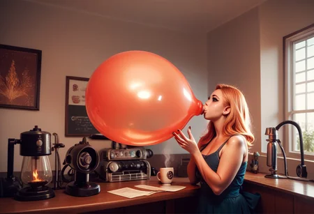 Coffee machine, score_9, score_8_up, score_7_up, score_6_up, score_5_up, score_4_up, flamestyle, perfect face, perfect eyes, she is blowing up a huge balloon, overinflating, the balloon shows wisps of flame inside it.