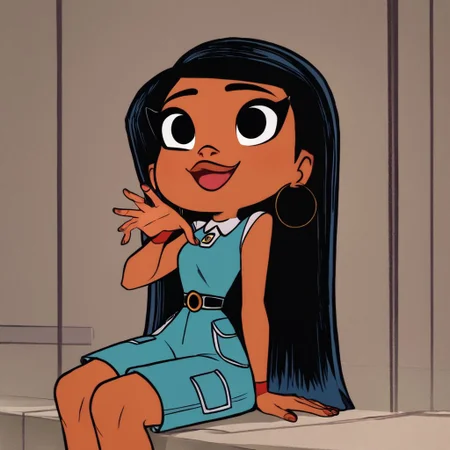 Casey, dark skinned, long hair, black eyes, hoop earring, black hairng_deepnegative_v1_75t,EasyNegativeV2, score_8, score_7, score_6, solo, 1girl, cute pose, blue jumpsuit, sitting