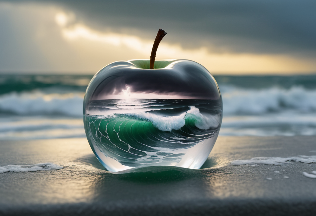 Imagine a photograph capturing an extraordinary and surreal subject: a transparent apple, crystal clear and perfectly formed, revealing a highly detailed, tumultuous miniature sea raging within. The apple sits boldly in the center of the frame, its smooth, glass-like surface reflecting light and offering a window into the dynamic scene inside. Within, the stormy sea is a marvel of miniaturization - tiny waves crest and crash with realistic ferocity, and if one looks closely, minute flashes of lightning and swirls of wind can be discerned, adding to the tempest's drama. The background of the photo is intentionally simple, perhaps a soft, neutral color or a subtle gradient, ensuring that all attention is drawn to the striking contrast between the serene exterior of the apple and the wild, chaotic seascape it contains. The lighting is key, illuminating the apple in a way that highlights the intricate details of the storm inside while maintaining the overall clarity and impact of the image.