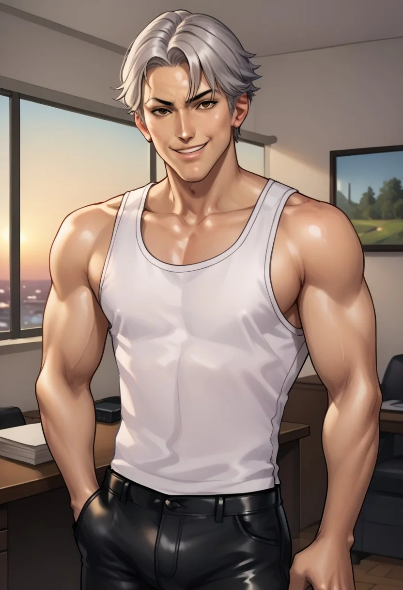 score_9, score_8_up, score_7_up, score_6_up, aoj_sr, 2d, source_cartoon,
office room, sunset,
(1male,lcln_tkn,Lee Chaolan,brown eyes,silver hair,moan,makeup,smile,white tank top,black leather pants),
looking at the viewer,
solo,