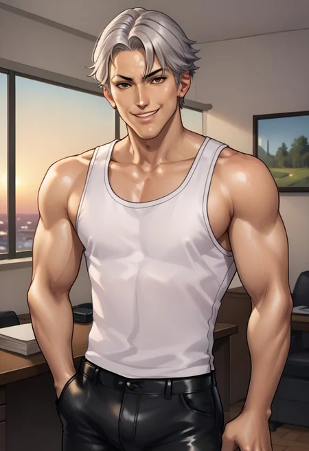 score_9, score_8_up, score_7_up, score_6_up, aoj_sr, 2d, source_cartoon,
office room, sunset,
(1male,lcln_tkn,Lee Chaolan,brown eyes,silver hair,moan,makeup,smile,white tank top,black leather pants), 
looking at the viewer,
solo,