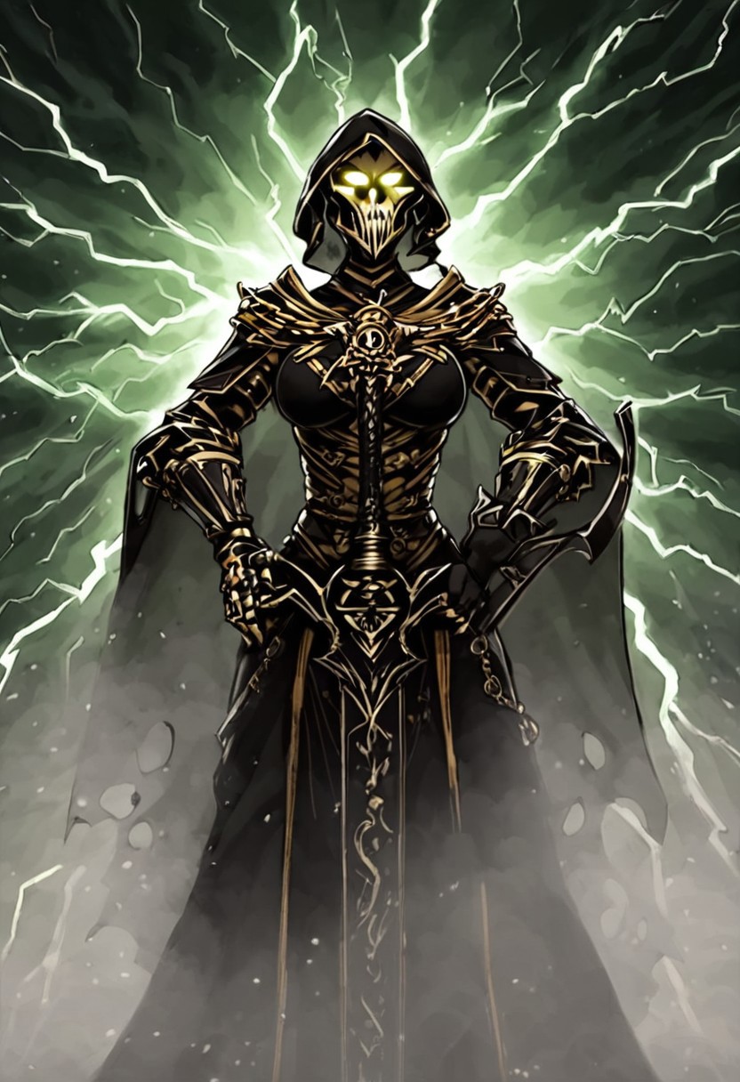 (dark Fantasy setting:1.2),Lord female black knight holding a holy light glowing GREATSWORD, piercing through a dark giant skeleton beast Paarl, with lightning flashing aura