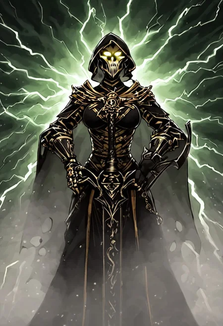 (dark Fantasy setting:1.2),Lord female black knight holding a holy light glowing GREATSWORD, piercing through a dark giant skeleton beast Paarl, with lightning flashing aura