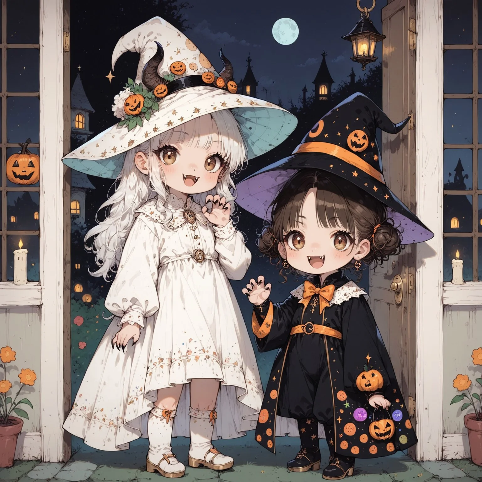 score_9, score_8_up, score_7_up, source_anime, (((2girls))), standing next to each other, girla and girlb, (ultra HD quality details), anime, slightly chibi, BREAK,
girla, on the left, witch costume, witch hat, smug expression,
BREAK,
girlb, on the right, vampire costume, fangs, claw pose,
BREAK,
(detailed image, high resolution, 5k resolution:1.0), trick or treat, veranda, at the door, holding candy bags, halloween aesthetics, evening