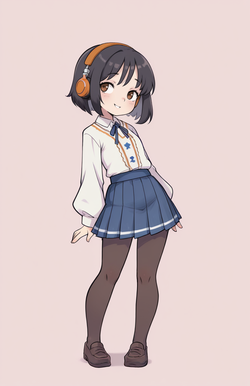 1girl, solo, <lora:qtkat:0.9> qtkat,
<lora:ffgarnet-illu-nvwls-v1_1:0.5> ffixgarnet, black hair, brown eyes, short hair, music club uniform, blouse, ribbon tie, pleated skirt, pantyhose, loafers, headphones, standing, hair cascading, enticing glance, relaxed smile, flirtatious stance, extremely detailed, highres, masterpiece, best quality