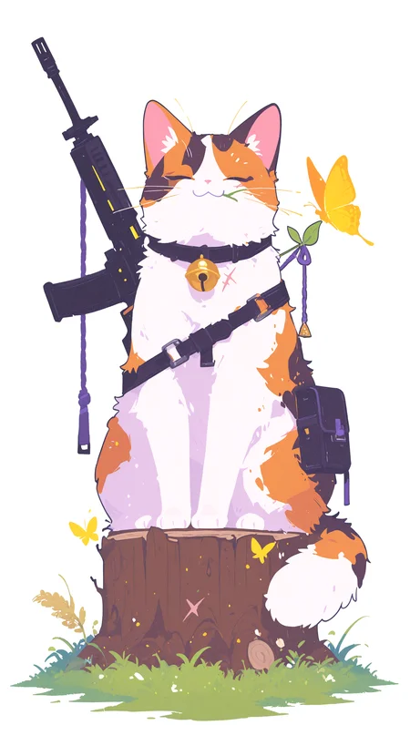 masterpiece, best quality, good quality, newest, highres, absurdres,
solo, simple background, white background, sitting, full body, closed eyes, weapon, gun, no humans, bell, :3, scar, animal, mouth hold, cat, grass, bug, butterfly, rope, jingle bell, neck bell, pouch, scar across eye, animal focus, weapon on back, whiskers, clothed animal, tree stump, calico, yellow butterfly, stalk in mouth, Flat vector illustration,
h4ra_illu,
momosp <lora:ponyv6_noobE11_2_adamW-000017:0.45> <lora:XXX667:0.75> <lora:checkpoint-e18_s306:1.3> <lora:hara_id_21:0.85> <lora:MomoSweetSpaceILL:0.8>