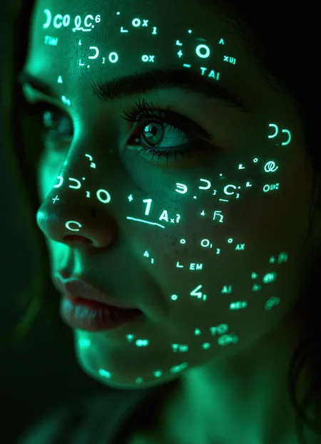 Close-up of woman's face, glowing green holographic equations projected onto skin. Intense gaze, realistic features. Dark background, cyberpunk aesthetic. Luminous mathematical formulas, handwritten style. Futuristic, high-tech atmosphere. Photorealistic rendering, dramatic lighting, sharp contrast