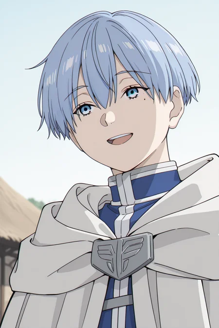 <lora:FrierenStyle:1>, FrierenStyle, 1boy, male focus, mole under eye, blue hair, mole, solo, open mouth, cloak, smile, white cloak, short hair, blue eyes, hair between eyes, blurry background, hood, hooded cloak, outdoors,