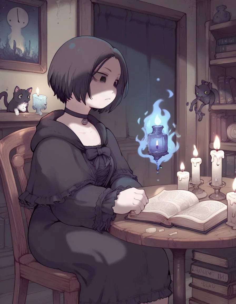 score_9,score_8_up,score_7_up, <lora:Ibukichi_Artist:1>, 1girl, solo, gothic, pale skin, black hair, very short hair, black eyes, black choker, candle, sitting, blue fire, black cat, chair, candlestand, wide shot, table, looking at another, animal , cat, pet, book, magical books , floating candles , messy indoors, moonlight, blue magic,