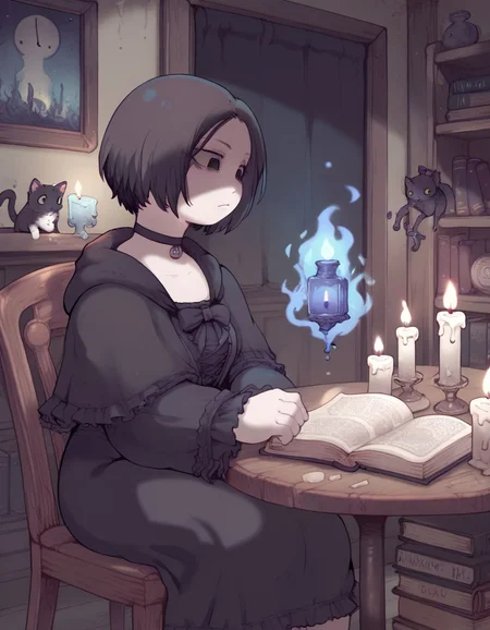 score_9,score_8_up,score_7_up, <lora:Ibukichi_Artist:1>, 1girl, solo, gothic, pale skin, black hair, very short hair, black eyes, black choker, candle, sitting, blue fire, black cat, chair, candlestand, wide shot, table, looking at another, animal , cat, pet, book, magical books , floating candles , messy indoors, moonlight, blue magic,