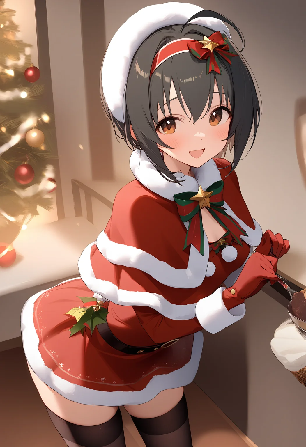 1girl,blush,kohinata miho,solo,christmas,hairband,looking at viewer,open mouth,smile,capelet,santa costume,thighhighs,bow,dress,fur trim,red gloves,<lora:a31_char_new_kohinata_miho-000024:1>masterpiece, best quality, absurdres<lora:a31_style_koni-000010:0.8>