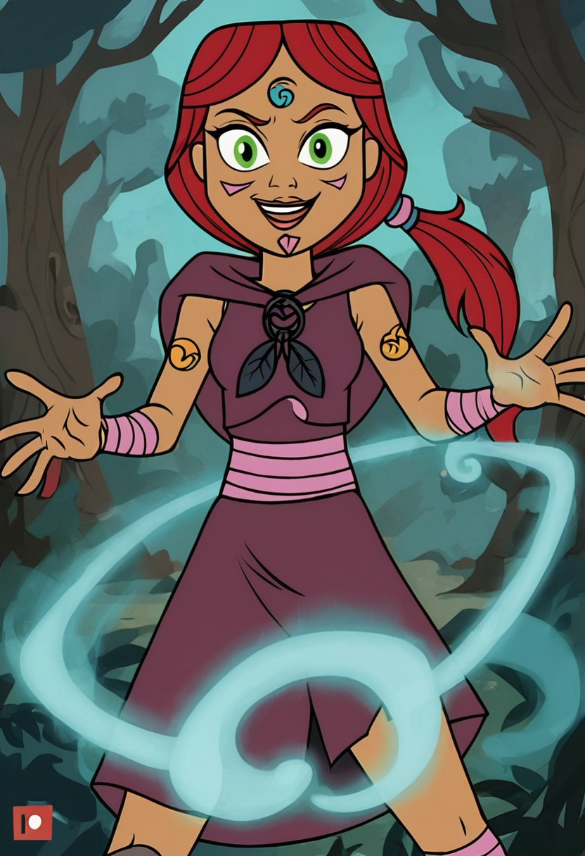 score_9, score_8_up, score_7_up, BREAK, 4nn4Ma4t, 1girl, solo, long hair, green eyes, red hair, dark-skinned female, low ponytail, forest, dynamic view, dynamic pose, action pose, aura, purple and blue aura, hands summoning magic, tossing magic at viewer, smile, looking at viewer,  <lora:Anna_Maht_Pony-000008:0.8>