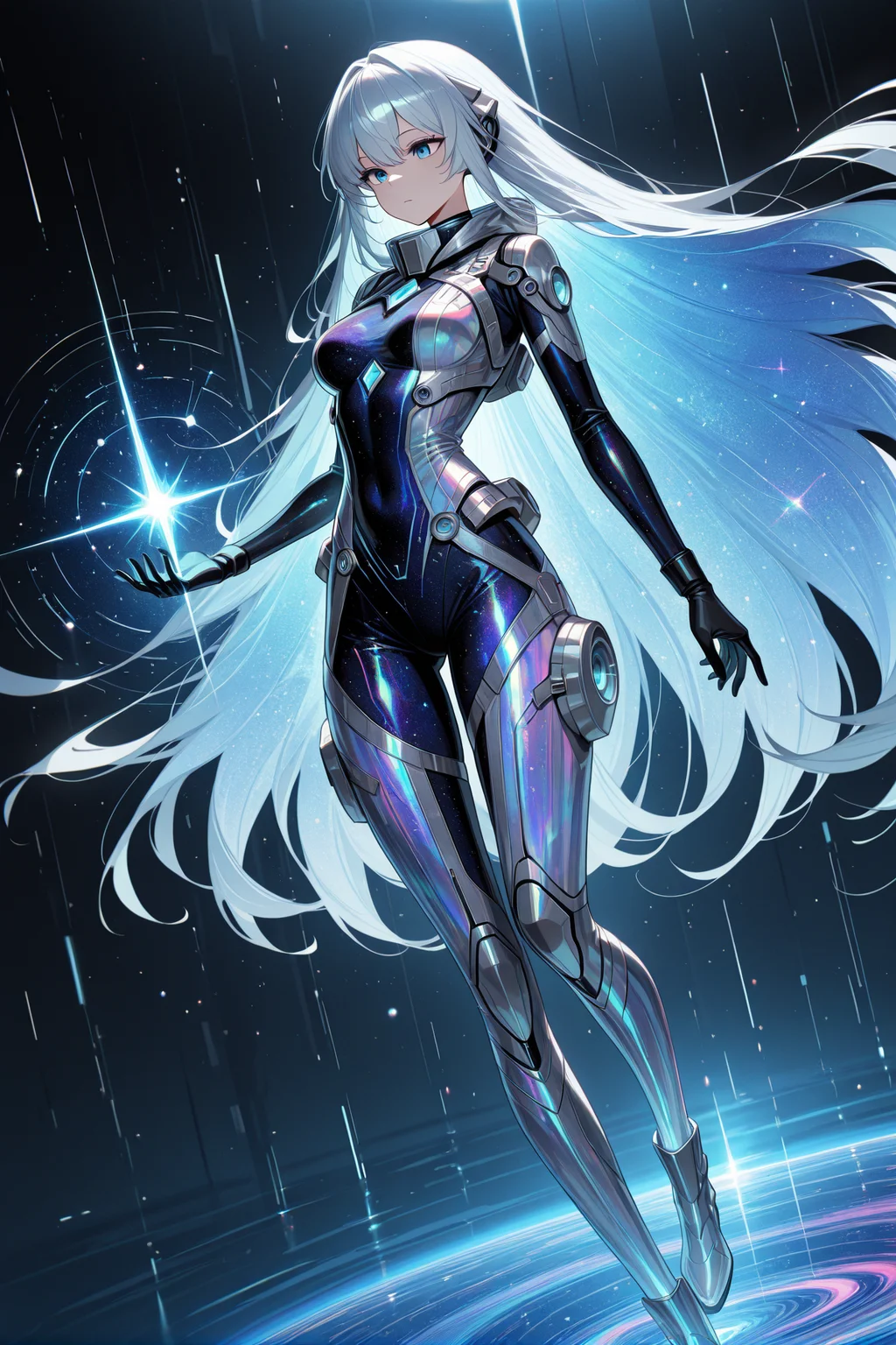 masterpiece, best quality, amazing quality, very aesthetic, absurdres, newest, volumetric lighting,
HoloMinimal, 
1girl, solo, floating in deep space, weightless hair flowing like liquid silver, bright cosmic blue eyes resembling galaxies, ultra-high-tech space explorer suit made of iridescent adaptive fabric, cybernetic black gloves with pulsating energy grids, futuristic zero-gravity boots hovering above a soft light field, glowing constellations embedded into the suit, digital cosmic interface floating around her hands, soft astral mist weaving through the background, mesmerizing sci-fi atmosphere, ultra-detailed anime-style cinematic lighting and shading,
 ,masterpiece, best quality, amazing quality, very aesthetic, absurdres, newest, volumetric lighting,
, <lora:Holo_Style:0.8>,