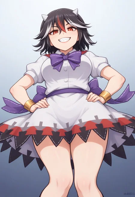 score_9, score_7_up, source_anime, source_cartoon, perfect face, EyesHD, 145, BREAK, (illustration), intricately detailed illustration, Exquisite color design, (best quality, ultra detailed), smooth skin, high details, (1girls), mature female, beauty, thick thighs, big breasts,  kijin_seija, short hair, multicolored hair, (black hair), streaked hair, red hair, white hair, hair flaps, hair between eyes, red eyes, horns, small horns, grey horns, cone horns, white horns, white collared shirt, white buttons, sailor collar, bracelet, purple bowtie, puffy short sleeves, white dress, white skirt, layered skirt, underskirt, purple belt, purple bow, arrow print, arrow \(symbol\), facing viewer, narrowed eyes, looking at viewer, grin, sharp teeth, front view, low angle, day, hands on hips,