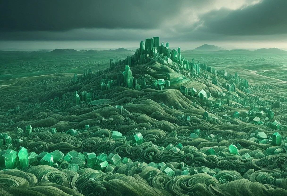 well-themed, very funny, aesthetically brilliant, witty, extremely detailed glittering rolling hills landscape, inspiring, bright sunny day, (This image depicts a beautiful glowing landscape carved delicately of emerald with engaging details) (This image is extremely funny because Ireland is called the Emerald Isle. It is the home of Oscar Wilde who is often considered the master of wit, giving this image a very snarky quality. Ireland is a land both of glittering beauty like an emerald and hilarious witty thinkers like our AI overlords sorry I meant our AI friends)