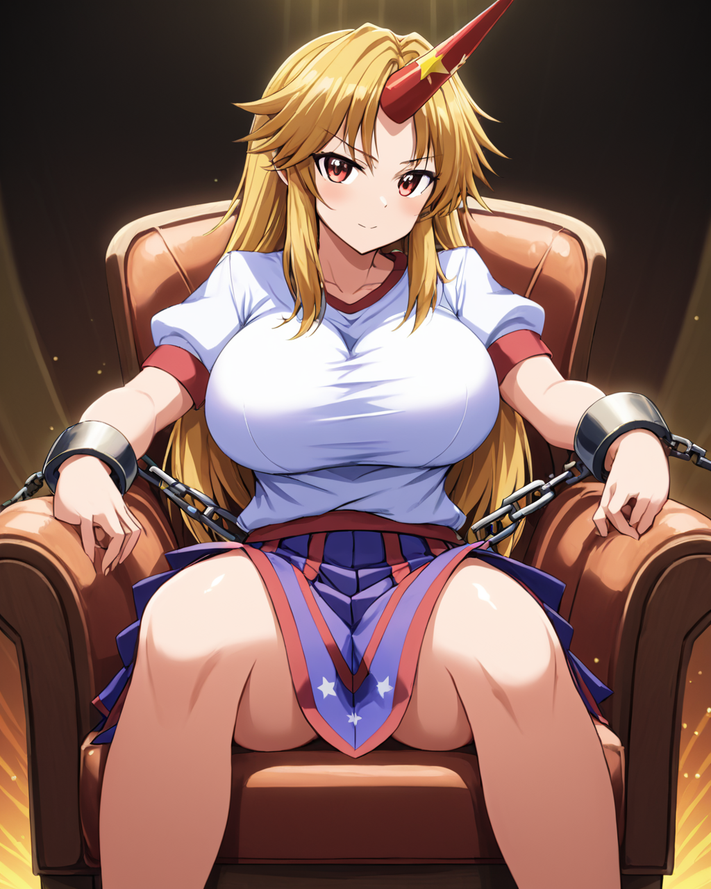hoshiguma yuugi,1girl, kiseru, solo, single_horn, fang, chain, cuffs, sitting, skirt, large_breasts, chair, shirt
<lora:hoshiguma_yuugi_image3866_2023-12-17-000008:1>,star-shaped_pupils,symbol-shaped_pupils,. gorgeous,key visual, vibrant, studio anime,award-winning, professional, highly detailed,high budget, cinemascope