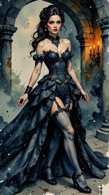 Jedwtclr, watercolor art, A supermodel in a black lace gown with intricate embroidery poses in a dark, candle-lit castle. Her makeup is bold, with dark lipstick and smoky eyes, and her hair is styled in elaborate curls, capturing the opulent, mysterious essence of gothic fashion ,  <lora:FluxWatercolor:1>