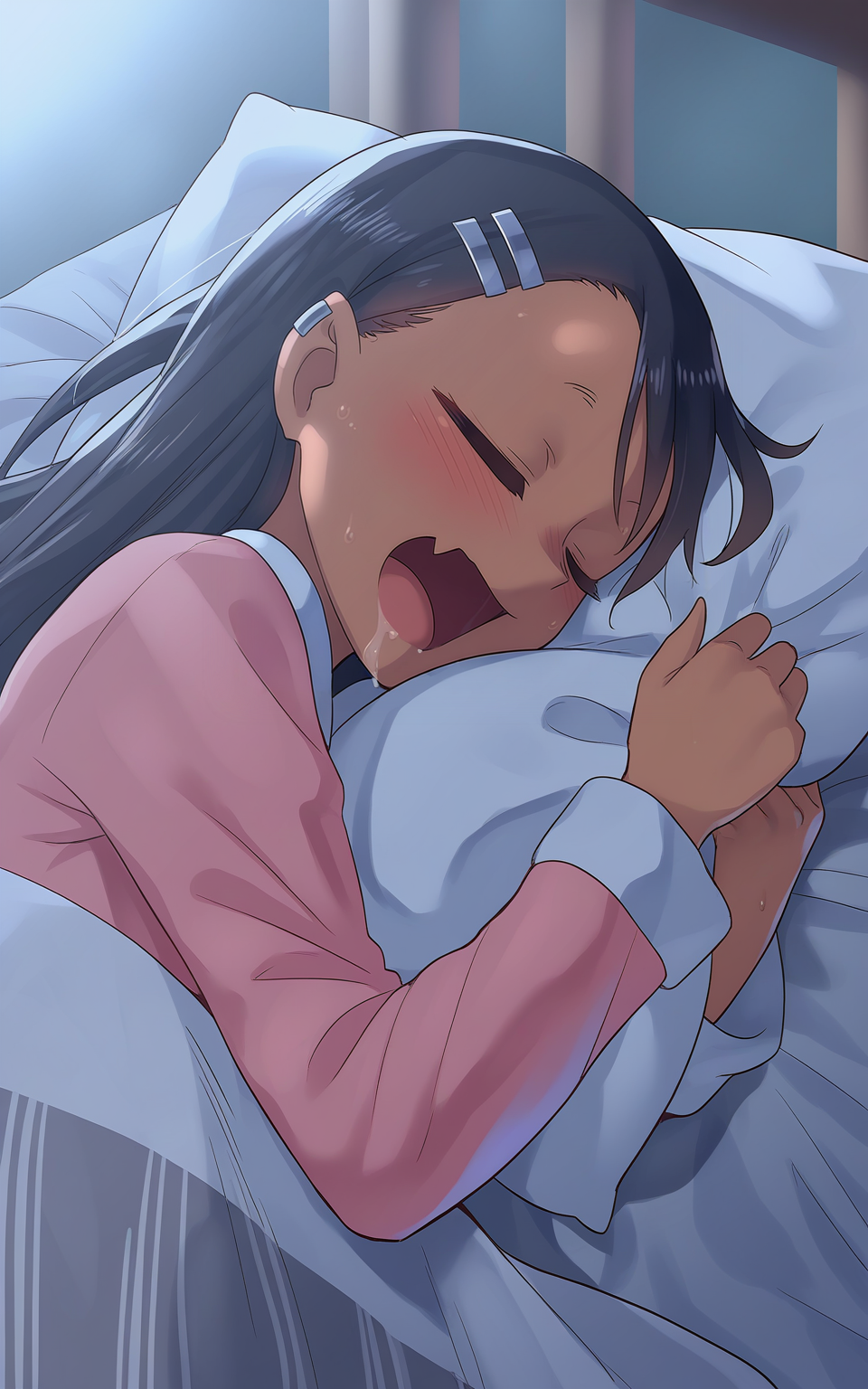 masterpiece, best quality, highres, absurdres, very awa, sweat, backlighting, 
<lora:Zheng v2 - NoobAI 1.0 V-Pred:1>
1girl, solo, nagatoro hayase, black hair, long hair, hairclip, sleeping, closed eyes, open mouth, skin fang, saliva, pink pajamas, hands up, on side, pillow hug, on bed, bed, grey blanket, striped blanket, under covers, pillow, night
