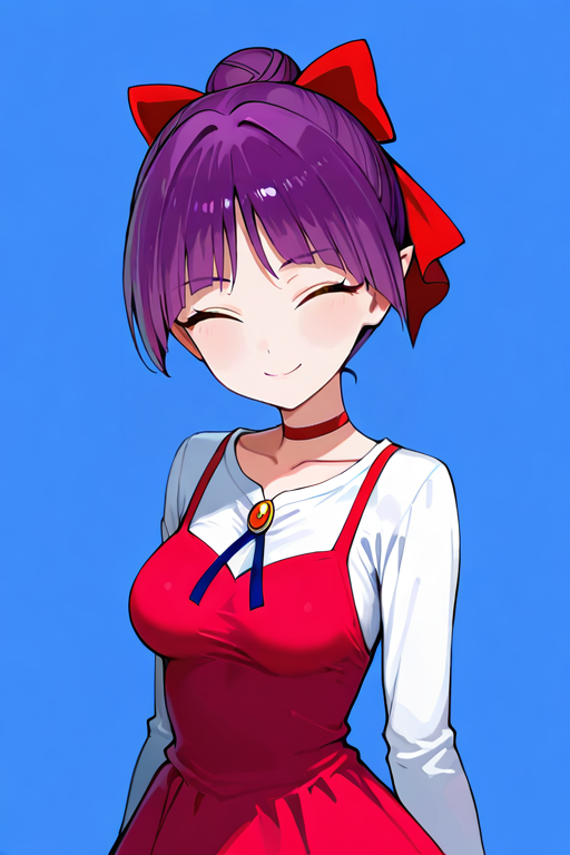 masterpiece, High quality, Ultra detailed, 2d, newest, absurdres, highres, BREAK
1girl, solo, <lora:nekomusume:0.8>, nekomusume, short hair, purple hair, single hair bun, hair bow, red bow, yellow eyes, pointy ears, red choker, 
medium breasts, nekonedef, collarbone, long sleeves, white shirt, brooch, short dress, pinafore dress, red dress, 
looking at viewer, smile, closed eyes,