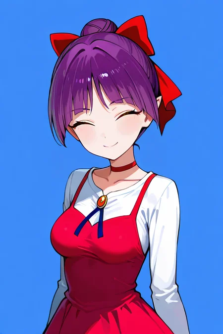 masterpiece, High quality, Ultra detailed, 2d, newest, absurdres, highres, BREAK
1girl, solo, <lora:nekomusume:0.8>, nekomusume, short hair, purple hair, single hair bun, hair bow, red bow, yellow eyes, pointy ears, red choker, 
medium breasts, nekonedef, collarbone, long sleeves, white shirt, brooch, short dress, pinafore dress, red dress, 
looking at viewer, smile, closed eyes,