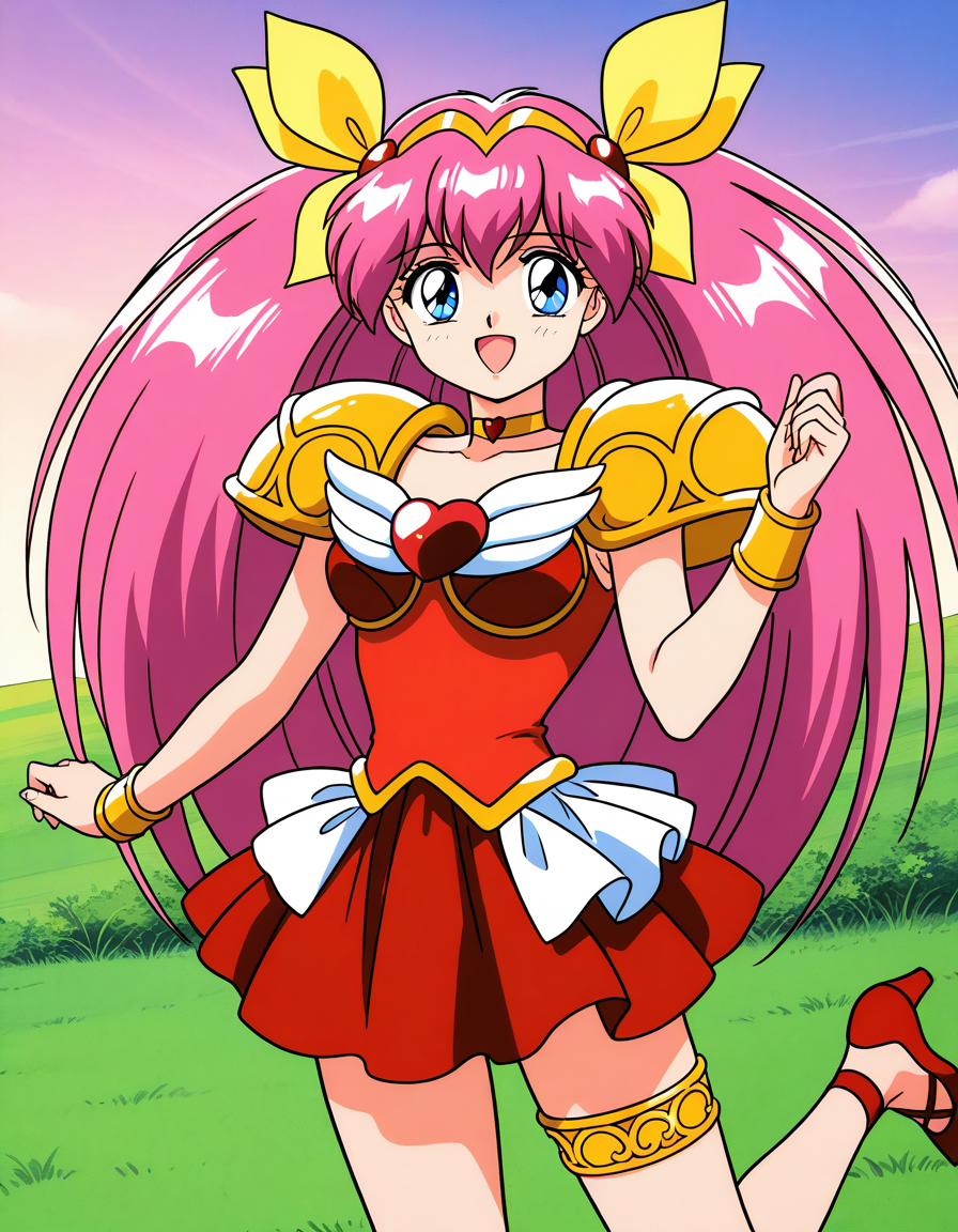 general,highres, ultra-detailed,very aesthetic,best quality ,best hands,  BREAK <lora:Hanasaki_Momoko_IS:1>Hanasaki_Momoko, 1girl,solo, long hair, pink hair, blue eyes, yellow bow, breasts, a, hair bow, twintails, very long hair, hair ribbon, 1990s (style),anime coloring, smile,looking at viewer, cowboy_Shot,
heart brooch, magical girl, brooch, jewelry,  open mouth, shoulder armor, thighlet, dress, armor, smile, choker, pauldrons, solo, looking at viewer, heart, skirt, high heels, bow, hairband, shoes, red footwear, bracelet, red dress, ribbon.
sky, grass,