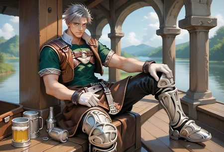 score_9, score_8_up, score_7_up, male focus, toned male, natgra2, gray eyes, short hair, silver hair, steel greaves, plated footwear, brown skirt, black pants, green shirt, brown leather vest, silver belts, white gloves, silver chest plate, morning, lake, cloudy, sitting, boat, fishing, beer, cooler