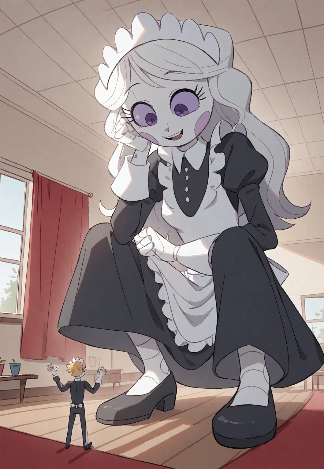 Score_9_up, score_8_up, score_7_up, 1girl, emmytr, purple eyes, solo, robot, white hair, long hair, black and white maid uniform, maid headdress, cute, black shoes, Happy, polite, looking down at a tiny man, 

head touching ceiling, facing viewer, front view, face focus, low angle, sitting on the floor, hunched over, body pressed against ceiling, giantess inside room, growing too big, growing very large, huge woman, large woman, massive growth spurt, uncontrolled growth, size difference, growth, back to wall, 
indoors, fancy room, dark floor, window with red curtains, 
<lora:minigts:1>  mesogts, minigts, <lora:cramped_growth:1> growth, very cramped, low ceiling, (head touching ceiling), small man wearing a black suit in the foreground,