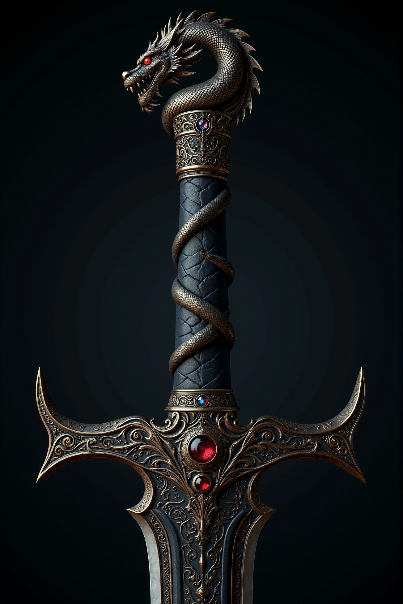 <lora:Cold_Weapon:0.7> ColdWeapons style. This image showcases almost a macro shot of an exquisitely designed sword, a true masterpiece of craftsmanship blending intricate artistry with formidable lethality. The blade, forged from polished steel with a mirror-like finish, is adorned with an elaborate engraving of a serpentine dragon coiled along its length, its scales meticulously etched with an almost lifelike texture. The dragon’s head, near the hilt, bares its fangs with piercing eyes that seem to hold an eerie intelligence, as if watching its wielder’s every move. The hilt and guard are ornately sculpted, featuring elaborate filigree and gothic motifs in aged bronze, accentuated by deep carvings and swirling patterns reminiscent of ancient mystical runes. The crossguard extends into sharply curved talons, echoing the dragon’s form, creating an imposing silhouette that speaks of both elegance and destruction. Subtle gemstones are embedded within the hilt, shimmering with an inner light that suggests latent magical energy coursing through the weapon. The handle, wrapped in darkened leather, offers an ergonomic grip, ensuring both comfort and precise control. Every detail, from the curvature of the blade’s edge to the subtle interplay of light and shadow across its engravings, conveys a sense of power and history, as though this sword has witnessed legendary battles and awaits the hand of a worthy warrior to wield its might once more.