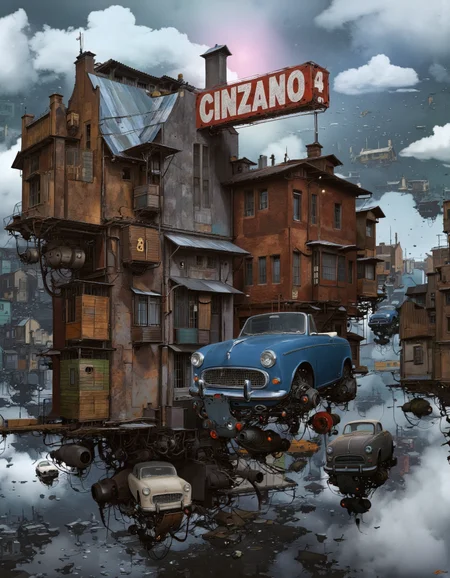 Art by Alejandro Burdisio. A surreal digital illustration shoot from a bird's eye view about a surreal cityscape with multiple vehicles and buildings floating in the air. the image also shows a large, red "Cinzano" sign on a building in the center of the image, surrounded by smaller, old-fashioned buildings. on the right side, a blue vintage car is suspended in mid-air, while on the left side, another small, white car is positioned in the foreground. the scene is set against a backdrop of a cloudy sky with distant buildings and a distant cityscape. the overall color palette is vibrant and surreal, with a mix of blues, greens, and pinks.