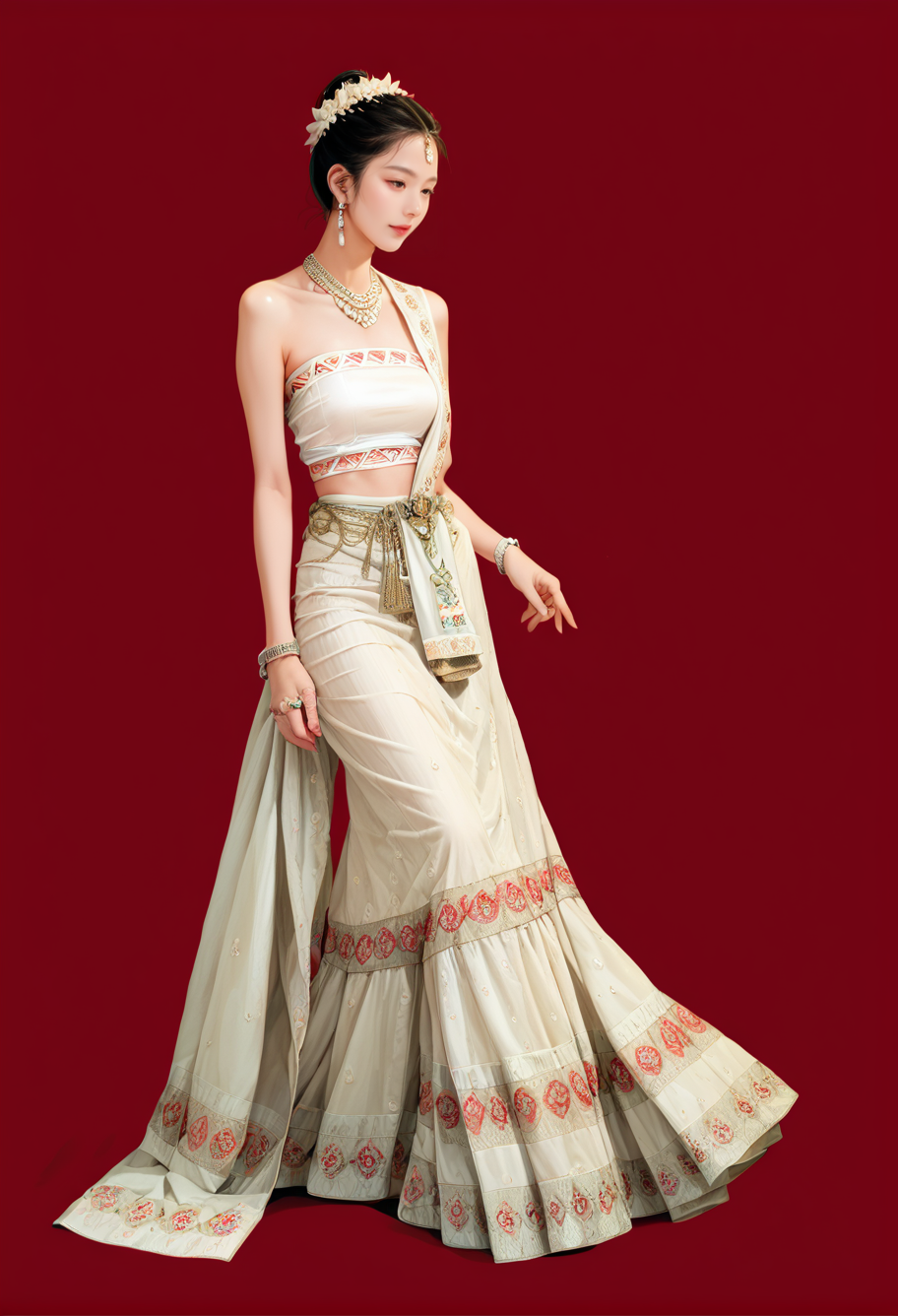 1girl,red background,,ruanyi1012,sari,dress,tube top,necklace,jewelry,bracelet,
full body,<lora:1012 traditional clothing 1_v1_pony:1>, score_9,score_8_up,score_7_up,,8k,1girl,solo,,