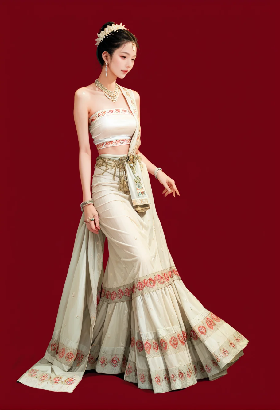 1girl,red background,,ruanyi1012,sari,dress,tube top,necklace,jewelry,bracelet,
full body,<lora:1012 traditional clothing 1_v1_pony:1>, score_9,score_8_up,score_7_up,,8k,1girl,solo,,