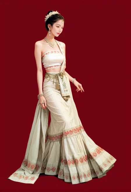 1girl,red background,,ruanyi1012,sari,dress,tube top,necklace,jewelry,bracelet,
full body,<lora:1012 traditional clothing 1_v1_pony:1>, score_9,score_8_up,score_7_up,,8k,1girl,solo,,