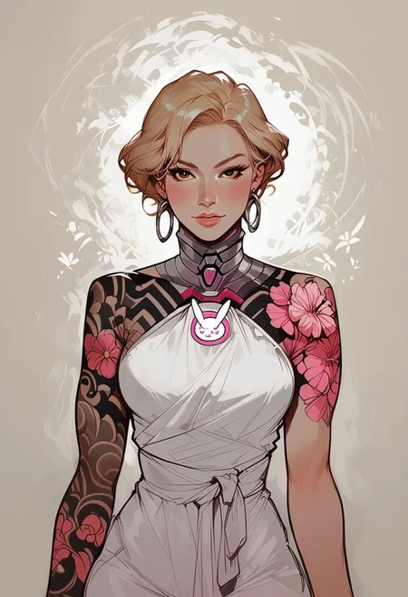 score_9, score_8_up, score_7_up, western cartoon, 1girl, Asian,cheekbones, attractive woman,bare shoulders,seductive,short Hair,  blonde hair, straight hair,  white coat, white bralette, white suit pants, light skin, , tattoo sleeve, Japanese tattoo, full arm tattoo, irezumi, short hair, pale skin, d.va