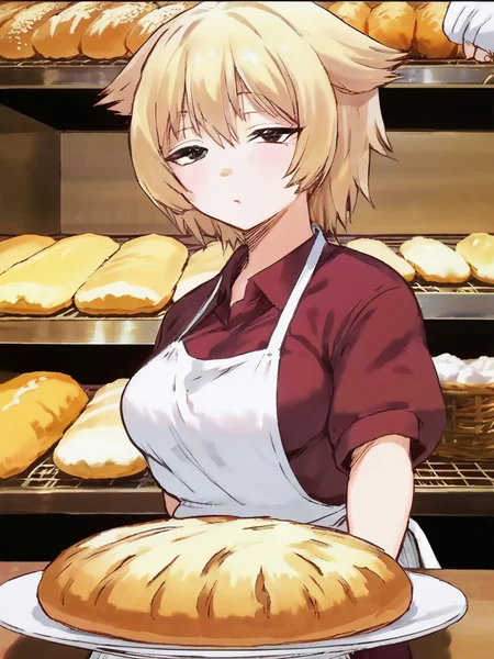 anime drawing of fuchibeppu chiyuri girl, masterpiece, best quality, girl baker in an apron kneads dough and bakes bread, blonde hair, <lora:fuchibeppu_safetensors:1>