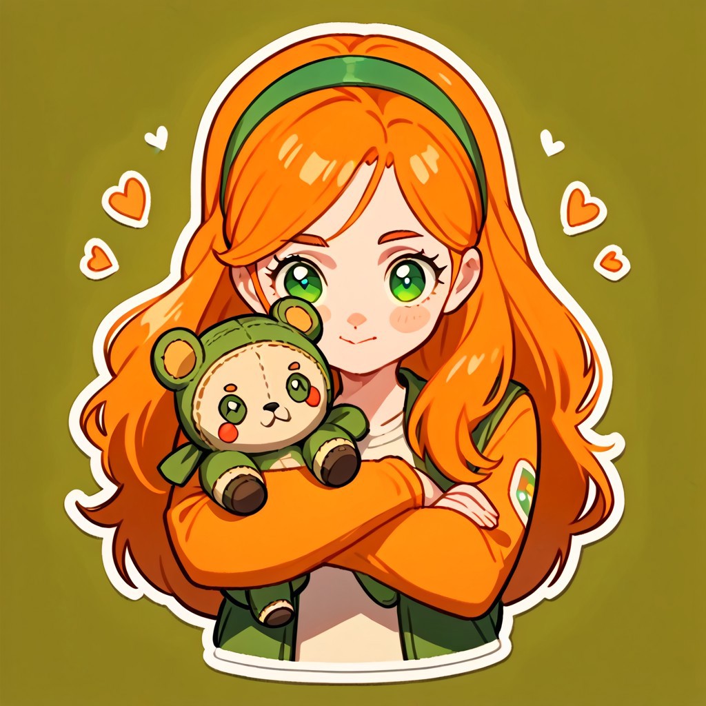 score_9, score_8_up, score_7_up,1girl,Connie Taylor, green headband, green eyes,orange hair,no bangs, long hair,hugging a cute plushie, cute,twitch emote, chibi, outline, sticker, different angles and expressions, protective, looking at the plushie, looking at the viewer,